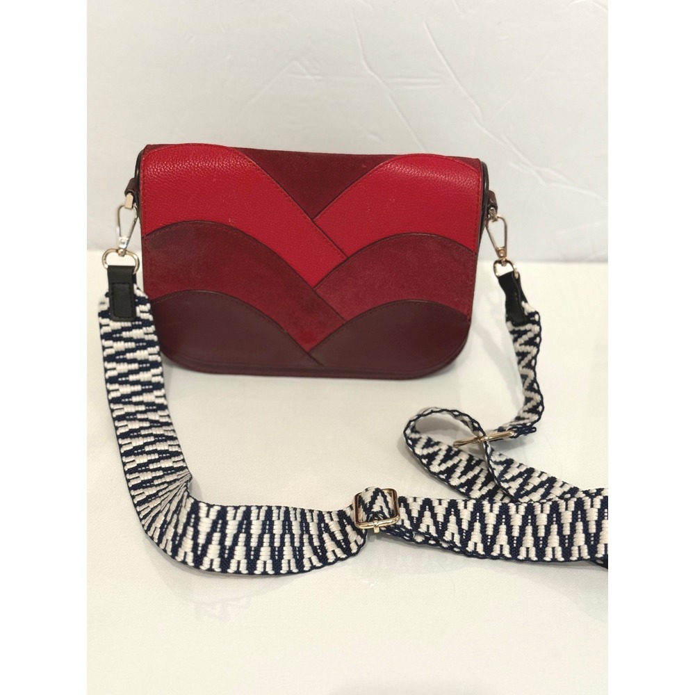 Kate Spade Red Burgundy Patchwork Leather Suede Crossbody Bag Guitar Strap